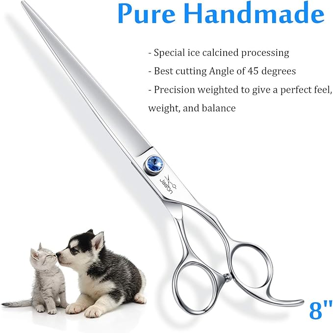 JASON 8" Straight Dog Grooming Scissors Long Pets Grooming Shears Premium Cats Trimming Kit with Offset Handle and a Jewelled Screw Sharp Comfortable
