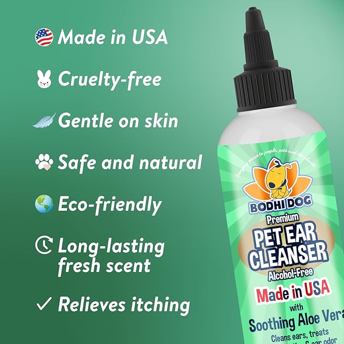 Bodhi Dog Ear Cleaner Solution for Dogs & Cats - Aloe Vera Ear Cleaning Treatment - Gentle, Alcohol-Free Cleanser - Reduces Wax, Odor, & Itching - Safe for Sensitive Skin (8 Fl Oz)