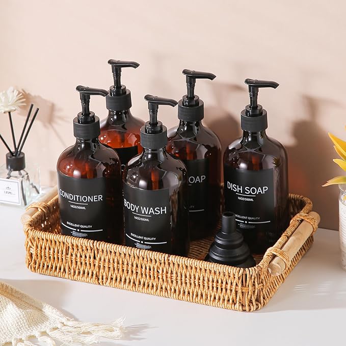 5Pack Amber Shower Bottles Refillable with Labels,16.9oz(500ml) Reusable Shampoo and Conditioner Bottles,Shampoo Dispenser Bottles