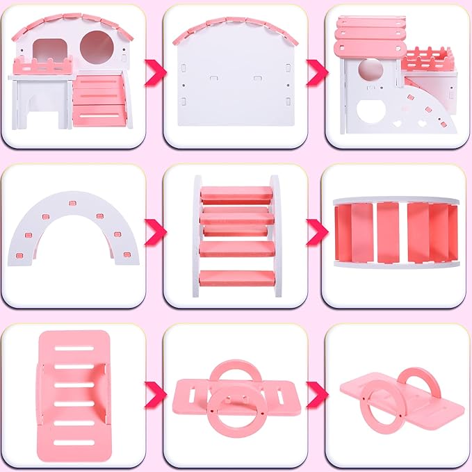 3 Pieces Fun Hamster Toys Guinea Pig Hideout Include PVC Hamster House, Rainbow Bridge, Seesaw Toy DIY Exercise Play Toys for Rats Mouse Small Animals(Small,Pink)