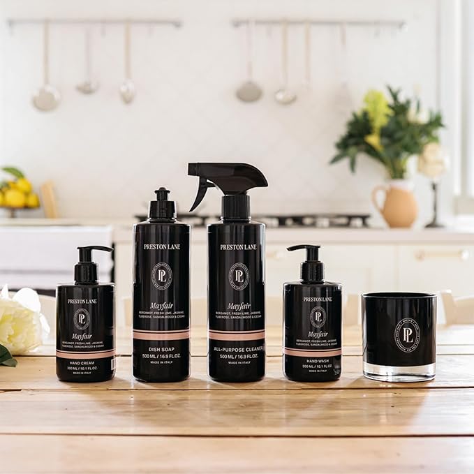 Preston Lane Signature Home Set – All Purpose Cleaner, Dish Soap, Hand Wash, Hand Cream & Scented Candle | Plant-Powered Cleaning & Care Essentials with Fine Italian Fragrance, Mayfair