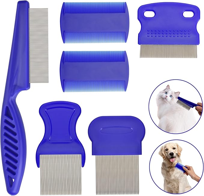Flea Comb for Cats Dogs, 6 Pack Pet Lice Comb Set Pet Grooming Pets for Small, Medium & Large Pets (Blue)