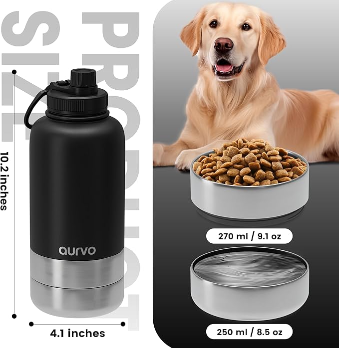 32oz Dog Water Bottle with Bowls - Leakproof Insulated Stainless Steel, Portable Travel Bottle for Hiking, Camping, Outdoor Use