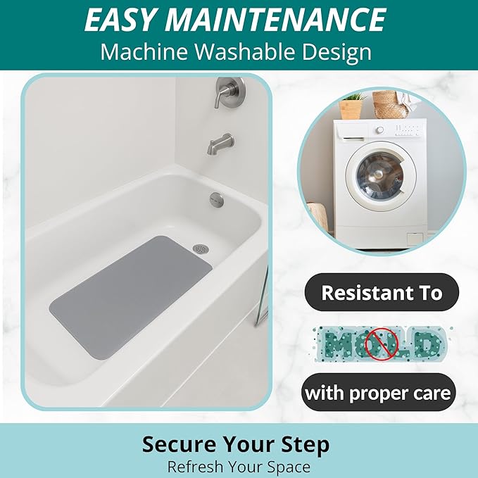 ENKOSI Non Slip Bath Mat for Tub and Shower Floors – Anti Slip Shower Mat with Secure Suction Cup Grip – Soft Grey Bathtub Mat for Inside Bath Tub and Smooth Bathroom Stalls (28x16 Gray)