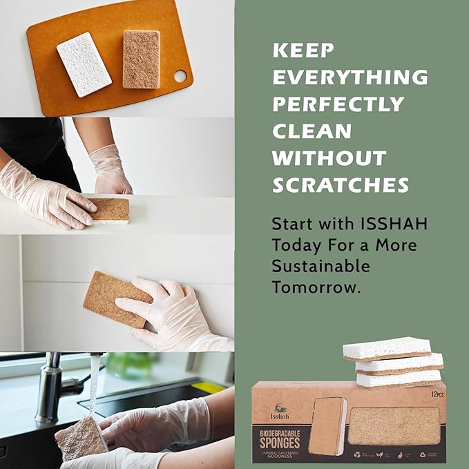 Plant-Based Kitchen Sponges - FSC Certified and PETA Approved, Natural, Eco-Friendly, Biodegradable Sisal Hemp Sponges for Dishes, Cleaning Sponge for Kitchen, Bathroom, Household - 12 Count