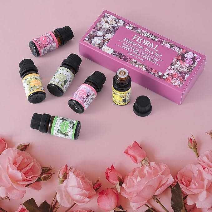 Floral Fragrance Oils Set, Premium Essential Oils Set for Diffuser, Candle, Soap Making Scented Oils, Cherry Blossom, Jasmine, Freesia, Honeysuckle, Rose, Gardenia, 6x10ml