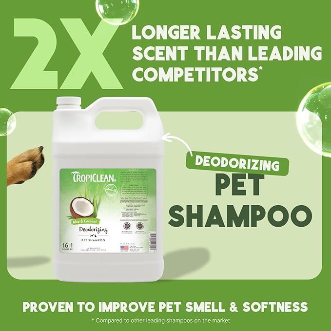 TropiClean Deodorizing Dog Shampoo for Smelly Dogs, Professional Dog Shampoo, Powerful Odor Control, Puppy Safe, Aloe & Coconut Scent, 1 Gallon