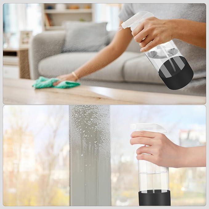 2 Pack Glass Spray Bottles with Silicone Sleeve, 16 oz Empty Refillable Containers with Adjustable Spray Nozzles, Spray Bottles for Hair, Cleaning Solutions and Plants Black