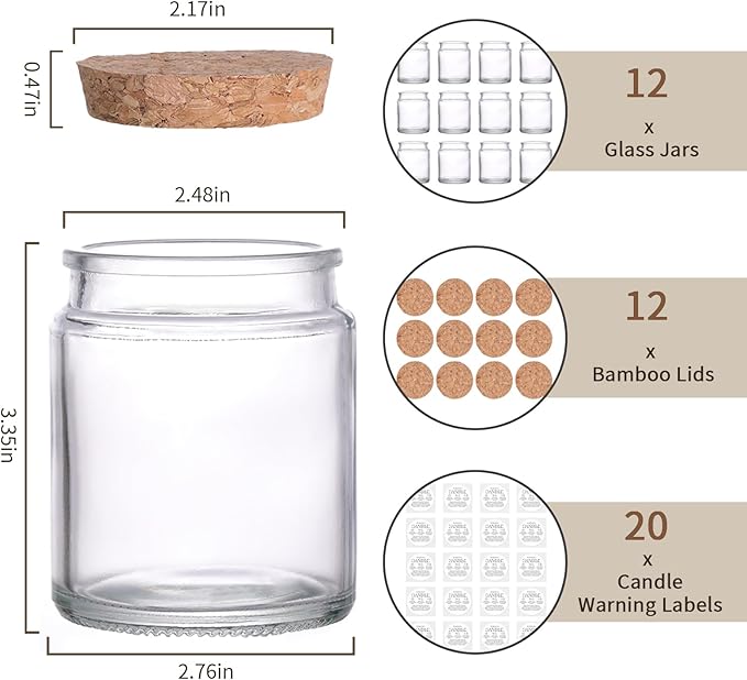 12Pcs Candle Jars for Making Candles, 7.5oz Glass Jars with Wooden Lids and Labels, Candle Containers for DIY, Gifts, Candle Making Supplies, Table Decor