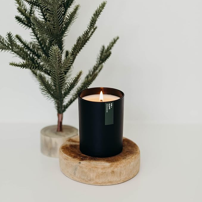 Calyan Wax Co. Soy Wax Candle, Fir + Clove Scented Candle, 75 Hour Burn Time, Aromatherapy Soy Candles, Non Toxic & Vegan Soy Wax, Black Tumbler Scented Candles, 10.2oz