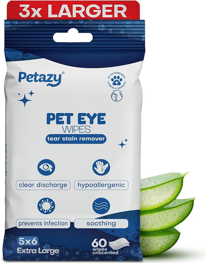 Pet Eye Wipes for Dogs & Cats | 5x6” Hypoallergenic Tear Stain Remover Wipes | 3X Larger Unscented Gentle Eye Wipes to Remove Discharge | 99% Natural Ing. Safe for Sensitive Pets | 60 Wipes