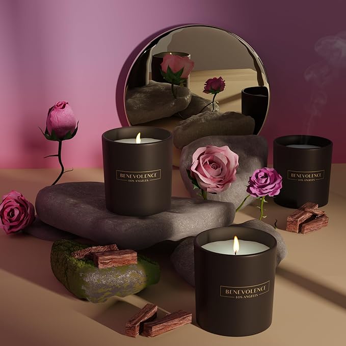 Benevolence LA Clearance Candles Rose & Sandalwood Scented Candle | Soy Candles, Black Candle for Home | Gifts for Women and Men | Home Fragrance | Aromatherapy | 6oz