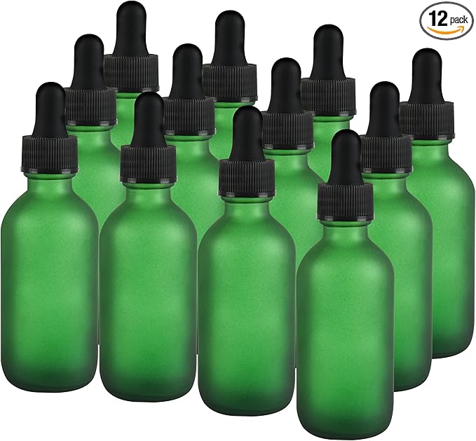 12 Pcs, 2oz Dropper Bottle, Green Glass Eye Dropper Bottle, Tincture Bottles with Dropper, Pretty Finish, Leak-Proof Design, Stronger Suction for All Kinds of Mixed Liquids