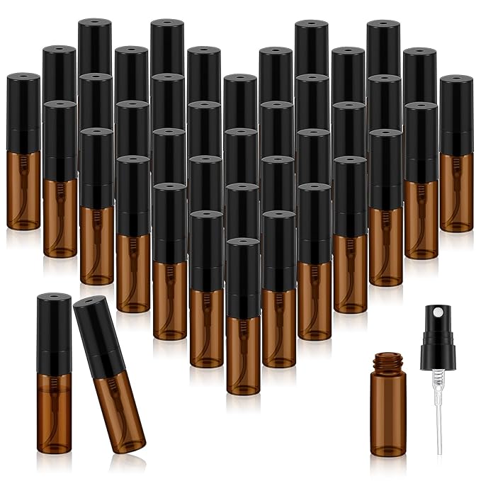 Zhehao 50 Pcs Mini Spray Bottles 3ml Clear Glass Perfume Bottles Refillable Fine Mist Perfume Atomizer Portable Empty Sample Containers for Cleaning, Essential Oils, Travel (Amber)