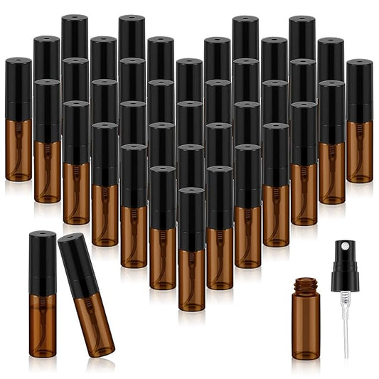 Zhehao 50 Pcs Mini Spray Bottles 3ml Clear Glass Perfume Bottles Refillable Fine Mist Perfume Atomizer Portable Empty Sample Containers for Cleaning, Essential Oils, Travel (Amber)