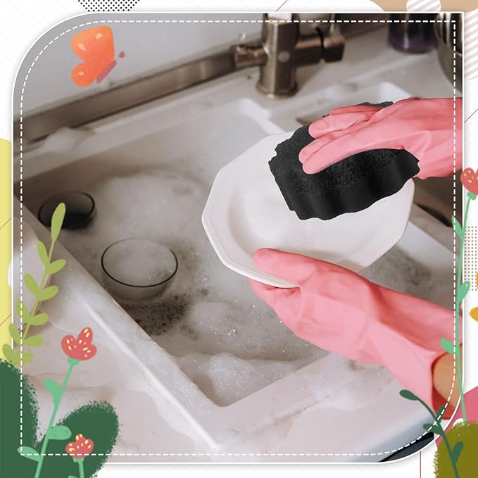 3 Pcs Dual Sided Scrub Sponge Multi Functional Cute Temperature Sensitive Non Scratch Dish Sponge for Washing Dishes Kitchen Bathroom (Flower,Black)
