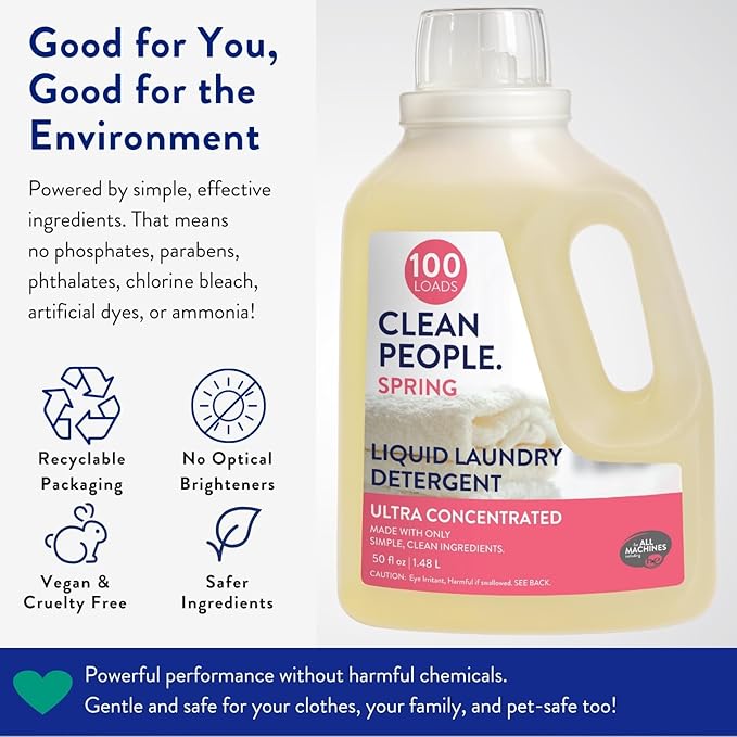The Clean People Liquid Laundry Detergent - Recyclable Packaging, Stain Fighting - Ultra Concentrated, Laundry Soap - Spring Scent, 50 fl oz (2 Pack)
