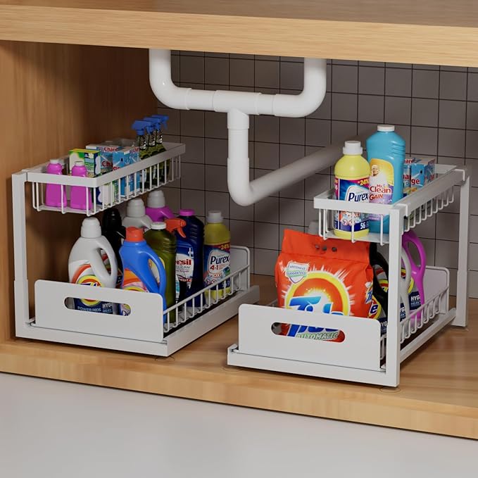 2-Tier Under Sink Slide Out Organizer, 2 Pack Pull Out Cabinet Storage Shelf with Sliding Wire Basket Drawer for Bathroom Kitchen, Countertop or Pantry Shelf, White