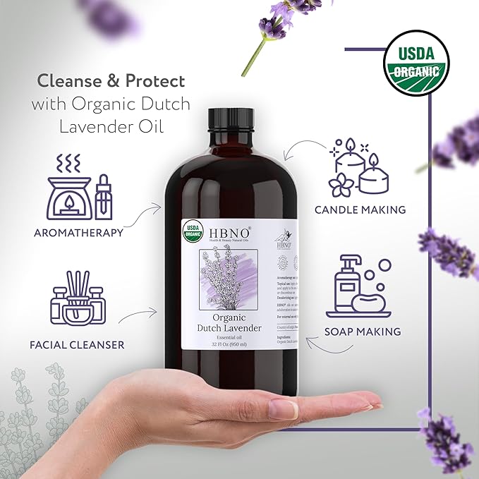 HBNO Organic Lavender Dutch Oil - 32 oz (950 ml) Large Size - Ideal for Shampoos, Conditioners, Mouth Washes, Face wash, Lotions, and Skin Care Products (Glass Bottle).