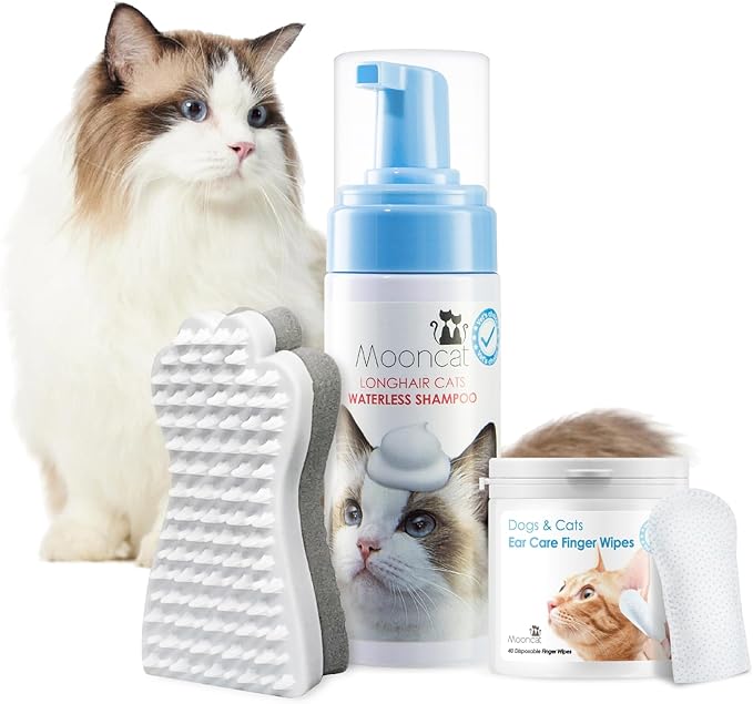 Mooncat Sensitive Cat Grooming Bundle – Waterless Foam Cat Shampoo with Detangling Brush (No Rinse, Licking Safe, Paraben-Free, 5oz) + Cat Ear Cleaner Finger Wipes for Wax Removal & Odor Control (40ct