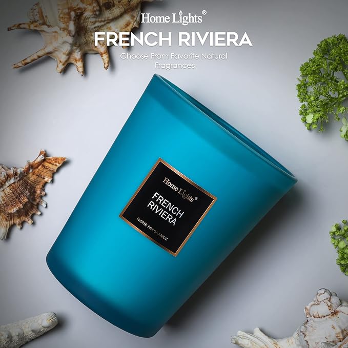 HomeLights Scented Candles | Large Jar Candle - 33.3 Oz. Natural Soy Aromatherapy Candles | Up to 130 Hours Burn Time with 3 Cotton Wicks,Home Decorative Fragrance Candles Gift - French Riviera