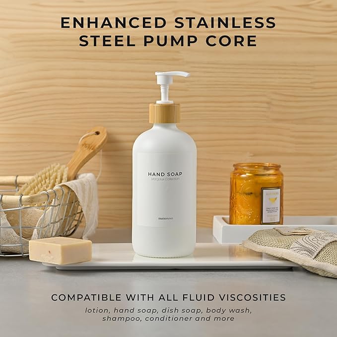 MaisoNovo Glass Hand Soap Dispenser | Dish Soap Dispenser for Kitchen | 16.9oz White Bottles with White Bamboo Pump | Bathroom Lotion Dispenser