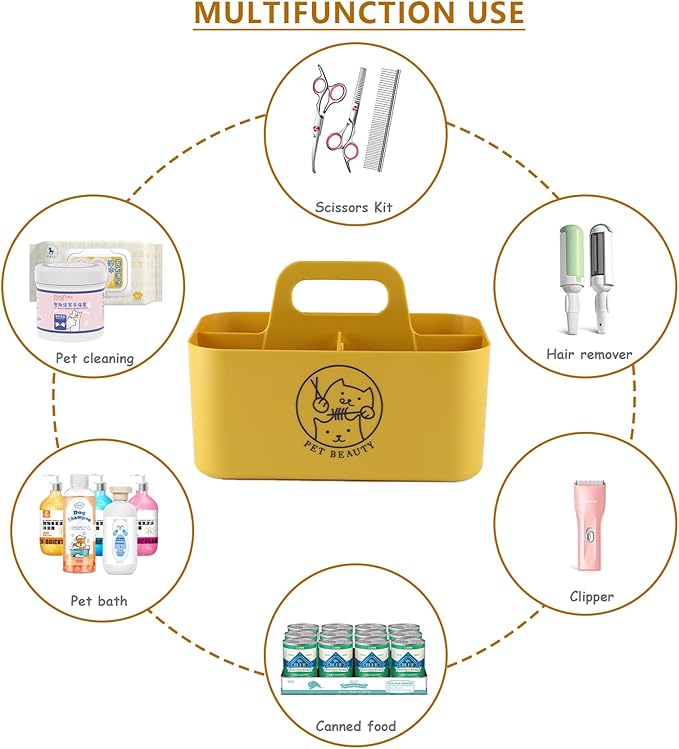 Dog Storage Organizer for Grooming Supplies,Portable Caddy Organizer for Pet Stuff,Divided Storage Bin for Dog Cat Grooming Kit,Dog Stuff Organizer with Handle for Shampoo,Clipper,Comb-Yeloow
