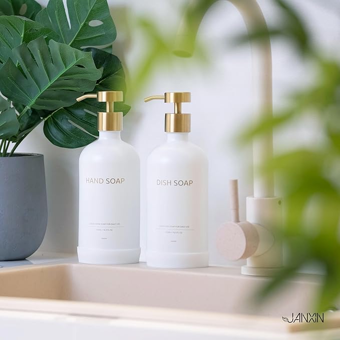 Soap Dispenser Set with Non-Slip Protective Silicone Pad, Hand Soap Dispenser for Bathroom and Kitchen Decor, White and Gold Accessories (White Bottles + Gold Pumps)