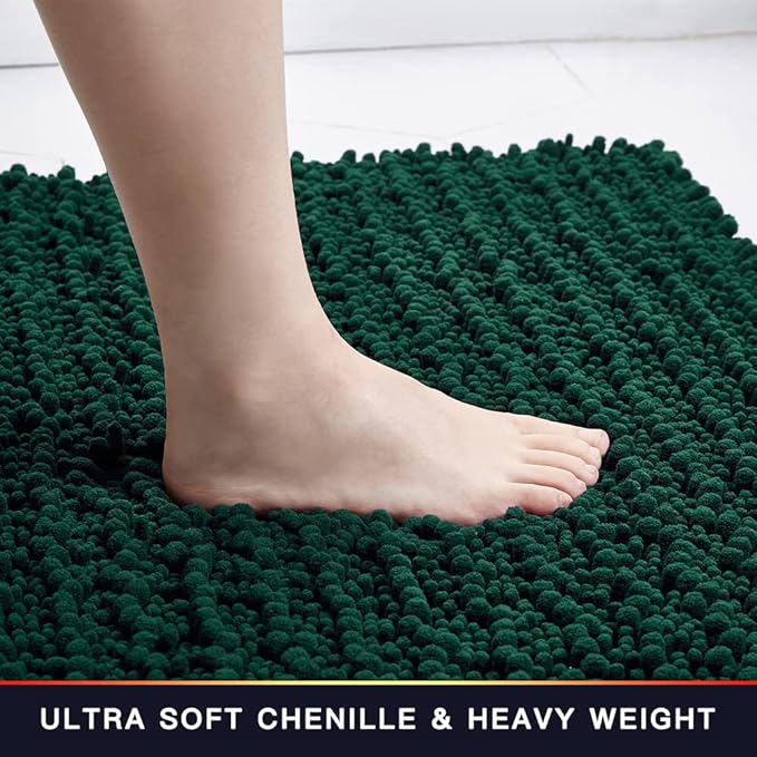 Walensee Bathroom Rug Non Slip Bath Mat (24x17 Inch Hunter Green) Water Absorbent Super Soft Shaggy Chenille Machine Washable Dry Extra Thick Perfect Absorbant Best Small Plush Carpet For Shower Floor