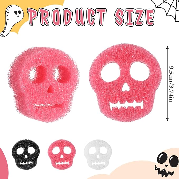 3 Pcs Dual Sided Scrub Sponge Multi Functional Cute Temperature Sensitive Non Scratch Dish Sponge for Washing Dishes Kitchen Bathroom (Skull,Pink, Black, White)
