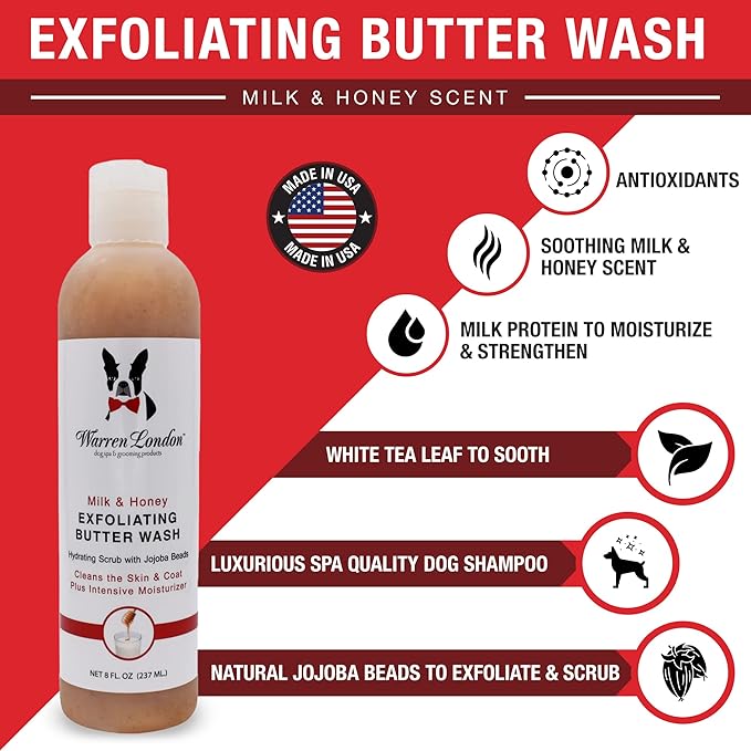 Warren London 8oz Butter Combo - Premium Dog Shampoo & Conditioner - Exfoliating Wash with Fragrant Leave in Conditioner - Detangler and Coat Moisturizer - Milk & Honey w/Guava & Mango
