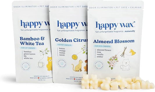 Happy Wax Pet Scents Mix Premium Scented, Non Toxic, Pet Safe, Odor Eliminating, Dye-Free Soy Wax Melts – 6 Total Oz: Almond Blossom for Dogs, Bamboo & White Tea for Cats and Golden Citrus for Pets