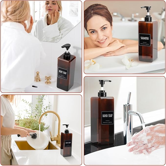 Segbeauty 33.8oz Amber Soap Dispenser Bathroom, 3pcs Plastic Soap Dispenser with Labels, Pump Bottles for Shampoo and Conditioner, 1000ml Large Square Lotion Pump Bottle Refillable Body Wash Container