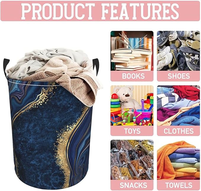 Blue Marble Print Laundry Hamper Bag With Waterproof Liner - Round Laundry Basket Foldable Clothes Storage Organizer For Bathroom Bedroom Nursery Dorm, M-19.6"X 15.7"