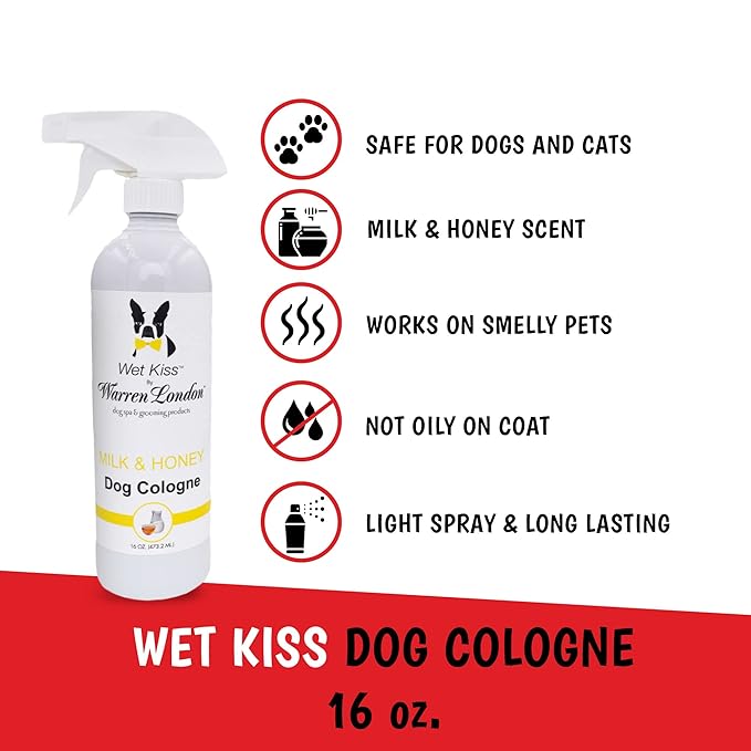 Warren London Wet Kiss Dog Cologne Spray – Milk & Honey | Long-Lasting Odor Eliminator & Coat Freshener for Dogs & Cats | 16 oz