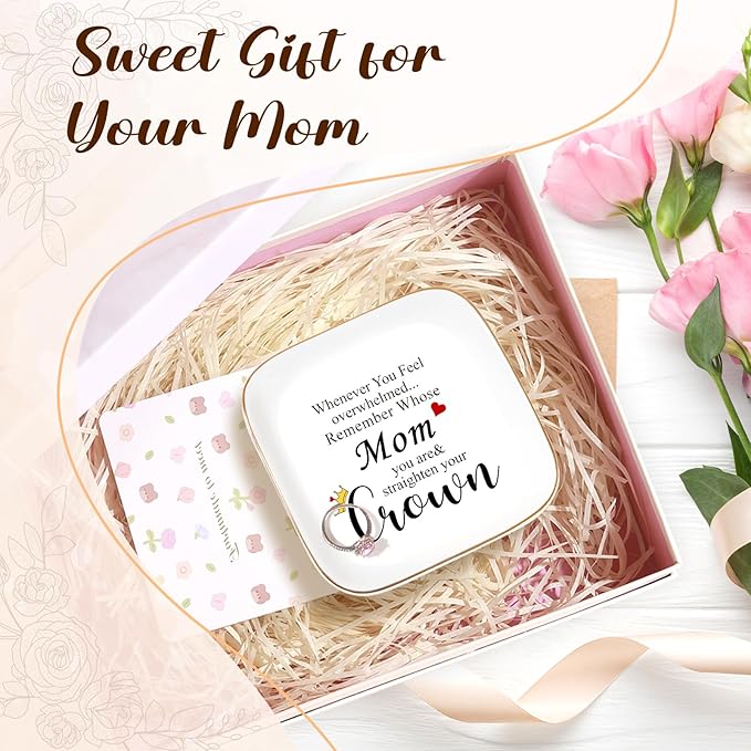PUDDING CABIN Christmas Gifts Mom's Jewelry Holder Dish “Remember Whose Mom You Are Straighten Your Crown” – Birthday Mothers Day Valentines Gifts for Mother