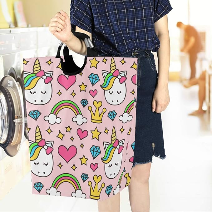 visesunny Cute Unicorn Princess Heart Rainbow Large Capacity Laundry Hamper Basket Water-Resistant Oxford Cloth Storage Baskets for Bedroom, Bathroom, Dorm, Kids Room