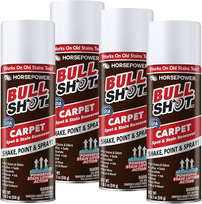Horsepower Bull Shot Carpet Spot & Stain Remover by Horsepower, AS SEEN ON TV, Made In USA, Just Point & Spray, Stain-Lifting Foam-Action, Pet Stains & Odors, Coffee, Soda, Wine, Stains, 4 Pack
