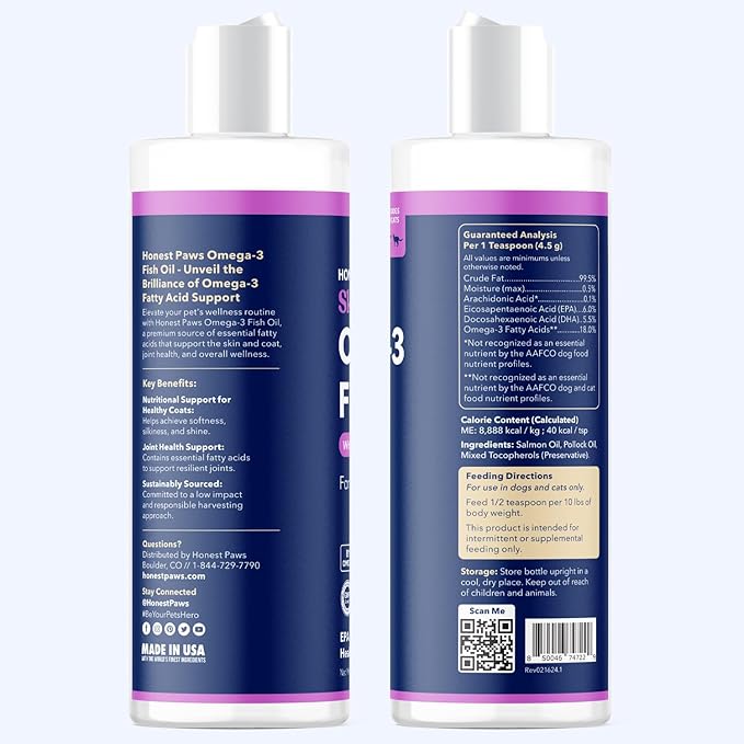 Honest Paws Wild Alaskan Salmon Oil for Dogs & Cats – Omega 3 Fish Oil Supplement for Skin, Coat, Joint & Heart Health – Natural, Sustainably Sourced, 16 oz