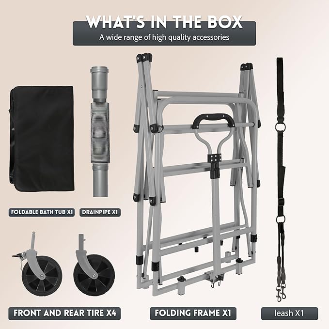 2-in-1 Dog Bathtub and Dog Stroller, Portable Dog Bath and Pet Stroller for Small and Medium Dogs (5-55 lbs) and Cats, Four-Wheel Bathing Cart with Brake Grey