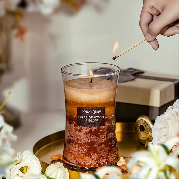 HomeLights 3-Layer Candles for Home Scented, 21.52 OZ Natural Soy Wax Scented Candles Burns Up to 100 Hours, Large Jar, Fireside Wood & Glow