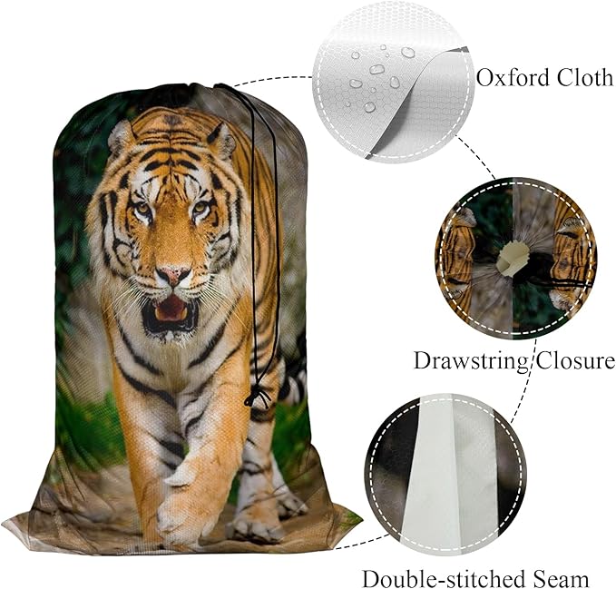 Swono Tiger Extra Heavy Duty Laundry Bag, Animal Portrait Jungle Mammal Feline Wildlife X-Large Dirty Clothes Drawstring Bag with Tear Resistant Fabric, Washable Laundry Liner for Hamper, Ideal for