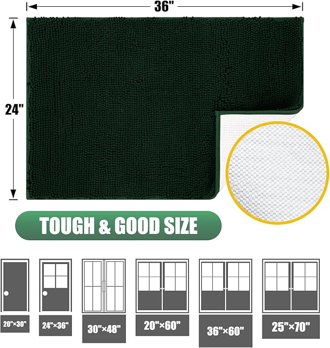 IM HOME Chenille Absorbent Outdoor Doormat 48" x 30", Washable Muddy Door Mats for Dog Non Slip Indoor Doormat Dog Mat for Muddy Paw Front Inside Doormats for Entryway Dark Green