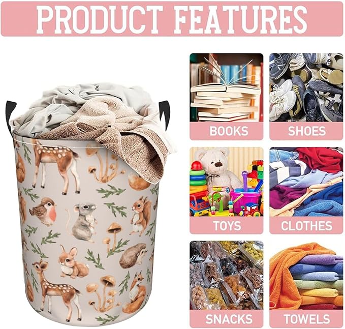 Forest Little Animal Laundry Hamper Bag, Deer Squirrel Hedgehog Fox Round Laundry Basket Foldable Clothes Storage Organizer For Bathroom Bedroom Nursery Dorm, S-16.5"X 13.8"