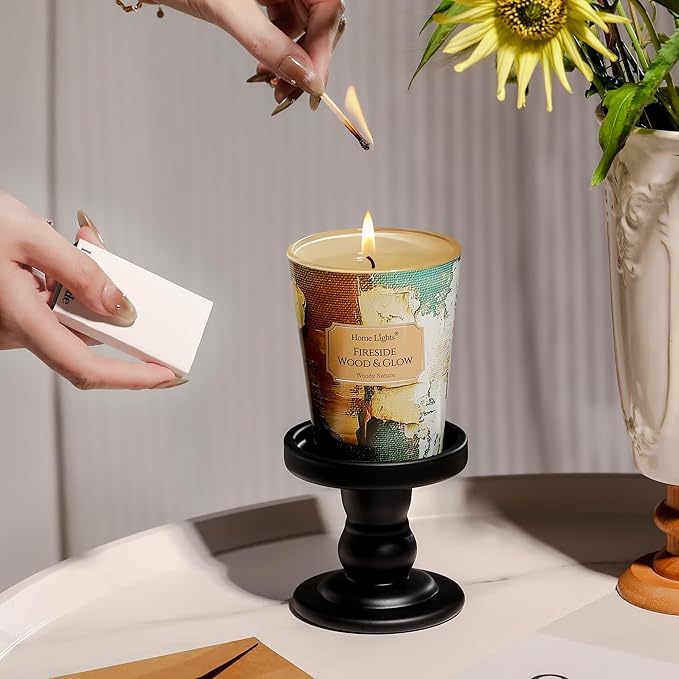 HomeLights 1-Wick Candles for Home Scented - 6.7oz Soy Wax Blend Candle Long-Lasting Fragrance, Industrial Chic Home Decor and Housewarming Gifts, Fireside Wood & Glow