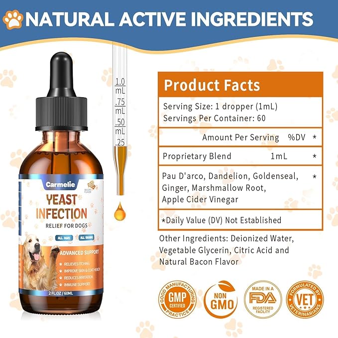 Natural Yeast Relief for Dogs, Supports Healthy Itch Relief, Dog Ear Discomfort Care, Itch Relief for Dog, Allergy Supports, Inflammation Relief for Dogs, 60ml