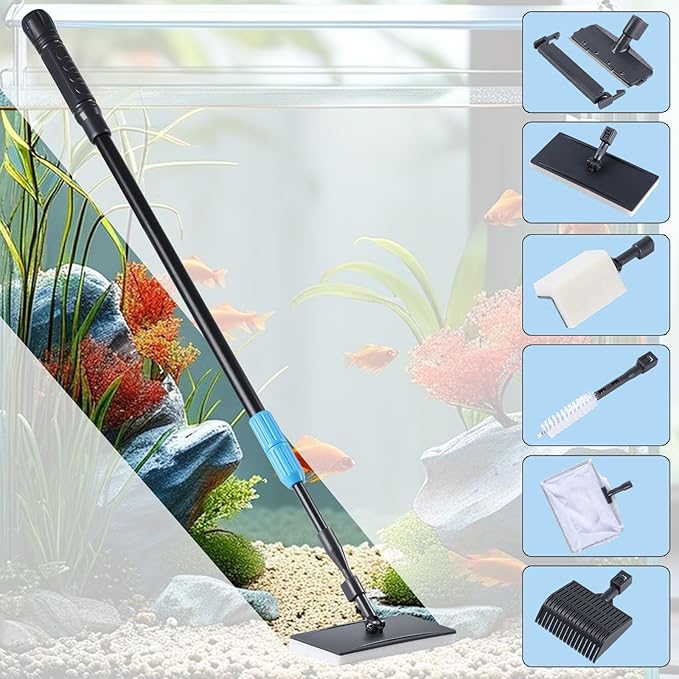AquaMiracle 6 in 1 Aquarium Cleaning Tool Kit Fish Tank Cleaning Kit for 20-160 Gallon Tank with Telescopic Long Handle, Algae Scraper, Scrubber Pads, Tube Cleaner, Fish net, Gravel Rake