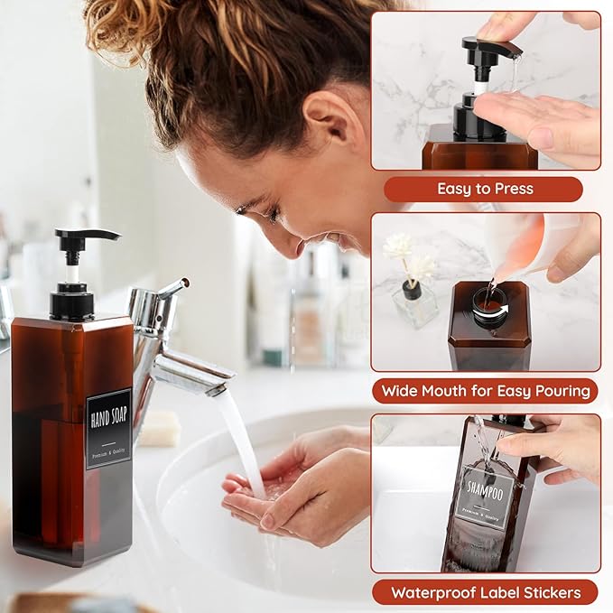 Segbeauty 33.8oz Amber Soap Dispenser Bathroom, 3pcs Plastic Soap Dispenser with Labels, Pump Bottles for Shampoo and Conditioner, 1000ml Large Square Lotion Pump Bottle Refillable Body Wash Container