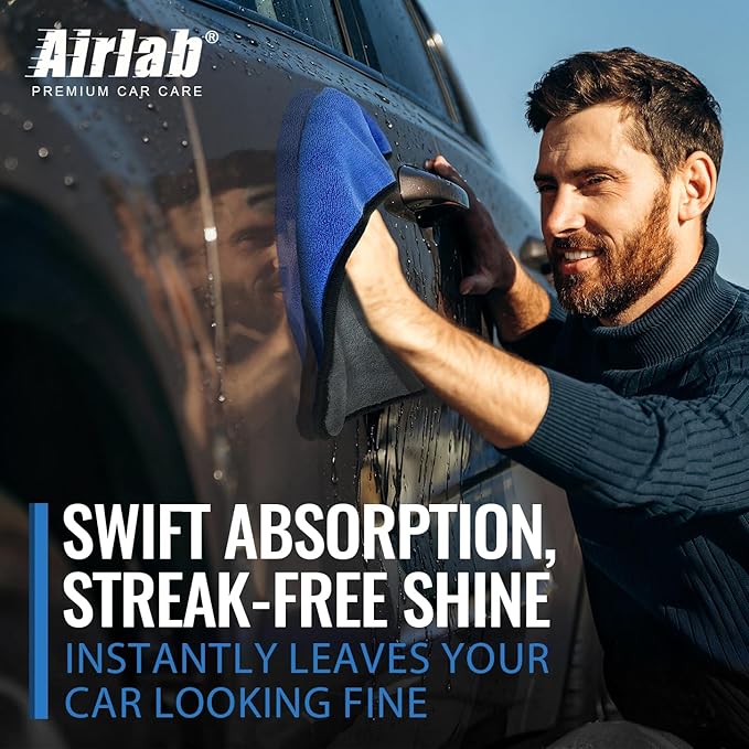 Airlab Microfiber Towels for Cars Wash Drying Thick Plush Cleaning Cloth Auto Detailing Super Absorbent for Interior & Exterior Lint Free, Streak Free, 16" X 16", 800 GSM, Pack of 4