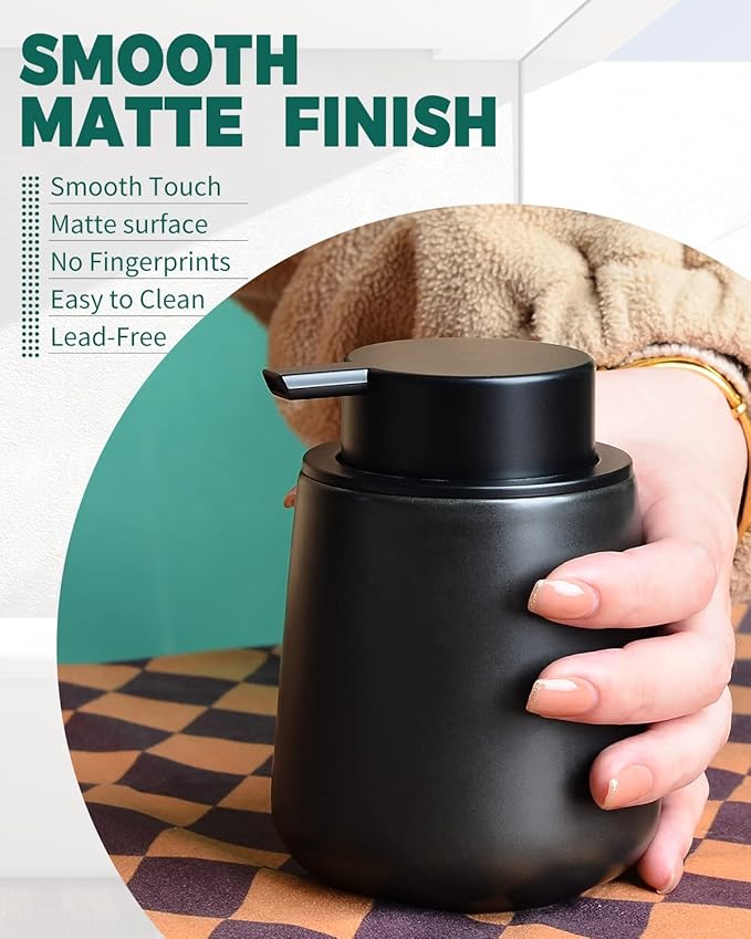 Bosilunlife Ceramic Foaming Soap Dispenser - 12Oz Matte Black Foam Hand Soap Dispenser Bathroom Countertop Kitchen Dish Soap Pump Dispenser Liquid Wash Dispenser for Bathroom